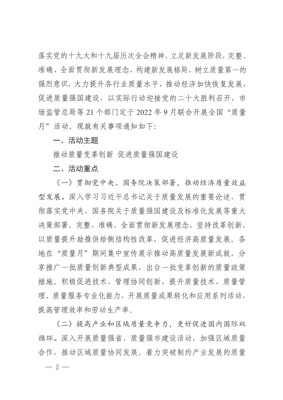 市場(chǎng)監(jiān)管總局等21個(gè)部委(部門)發(fā)文部署開展2022年全國“質(zhì)量月”活動(dòng)(國市監(jiān)質(zhì)發(fā)〔2022〕76號(hào))